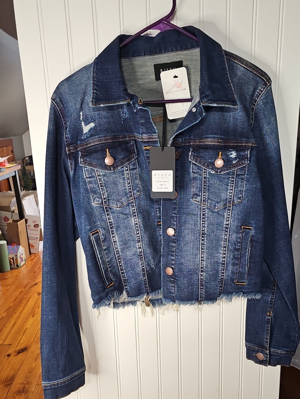 Risen Frayed Hem Dark Blue Denim Jacket - Women's